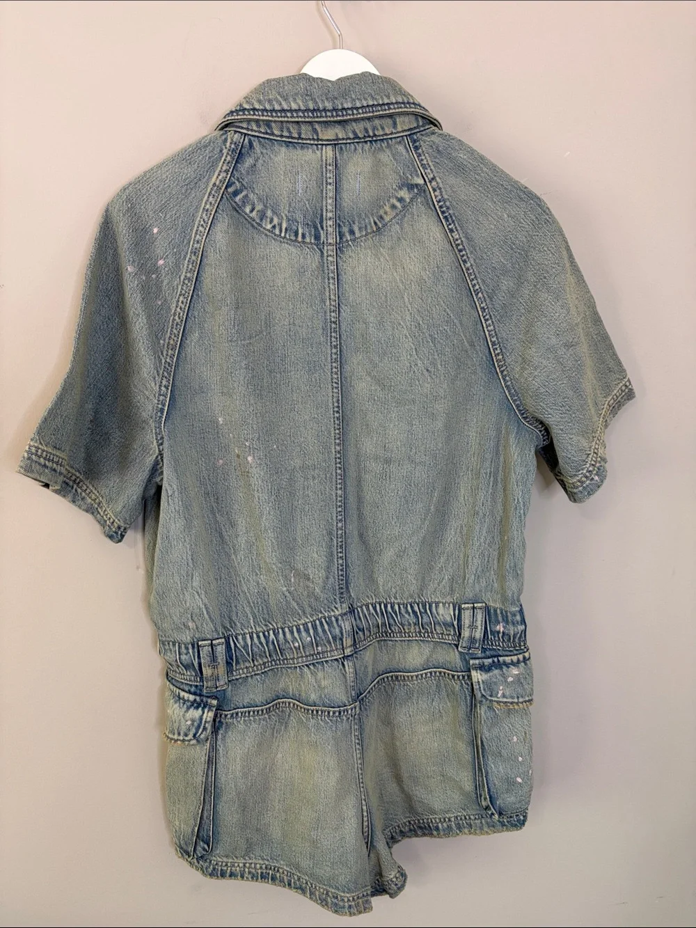 Free People Mojave Denim Shortall Romper Slouchy Paint Splatter Cinch Waist NEW